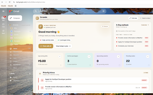 Zeranda — Bills, Deliveries & Alerts for Gmail :: See the bills, subscriptions, deliveries and alerts Zeranda found in your inbox — right inside Gmail. Scanning stays server-side.