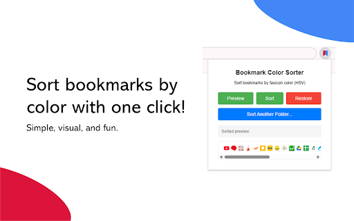 Bookmark Color Sorter :: Sort your bookmarks by favicon dominant color using HSV color space, starting with red