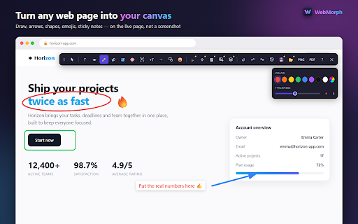 WebMorph - Live Web Page Editor :: Modify live websites in seconds. Change text, hide elements, replace images, adjust layouts, annotate pages and export mockups.