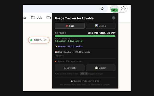 Usage Tracker for Lovable :: See your Lovable credits, usage & billing period in a sleek overlay. Never switch tabs again. Not affiliated with Lovable.
