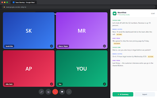 MeetMint - Google Meet Transcript :: Get a Google Meet transcript with AI summary & action items. No bot joins your call. Free 30 min/day forever.