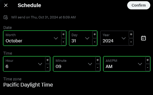 𝕏 Schedule Helper :: Remembers previously schedule post date for x.com and adds dropdown incrementing buttons.