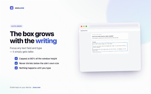 BoxGrow — Textarea Auto-Grow & Pop-Out Editor :: Auto-grow text boxes as you type, pop out into a full-page editor, and restore drafts after a reload. Nothing leaves your device.