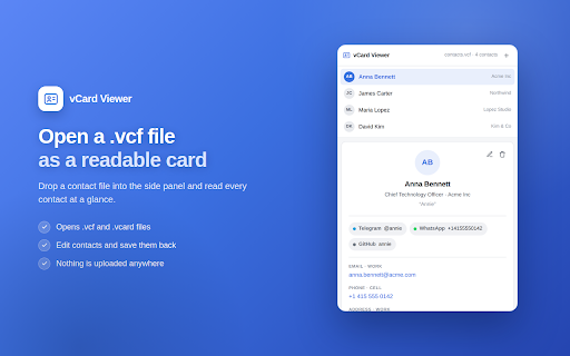 vCard Viewer — VCF Reader and Editor for .vcf Files :: Open and edit VCF/vCard files in Chrome's side panel. Save contacts, export to CSV, and copy details.