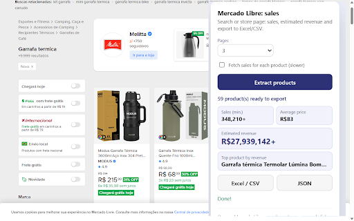 Mercado Livre Scraper: vendas e exportar para Excel/CSV :: Veja vendas e faturamento estimado dos anúncios do Mercado Livre e exporte a busca para Excel/CSV em 1 clique.