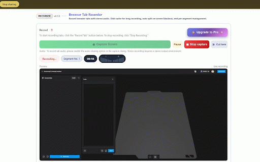 Browser Tab Recorder :: Record browser tabs with stereo audio. Disk cache for long recording, auto split on screen blackout, and per-segment management.