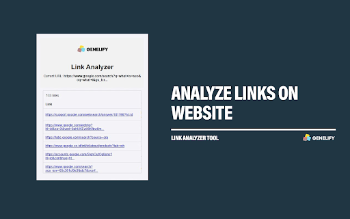 Link Analyzer - Genelify :: An extension that analyzes all links on the active page, checks their rel attribute and content type (Text, Image, or Mixed).