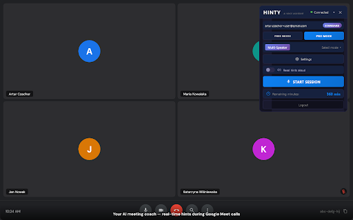 Hinty - AI Meeting Coach :: Real-time AI suggestions during video meetings (Google Meet, Zoom, Microsoft Teams). Get smart hints and coaching powered by AI.