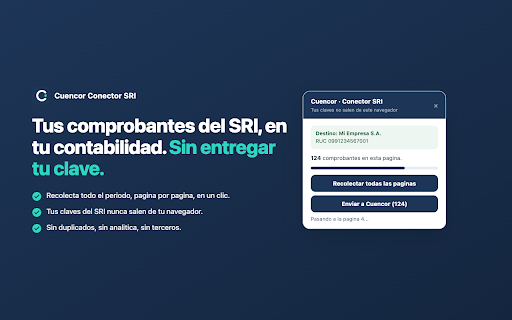 Cuencor Conector SRI :: Importa a Cuencor los XML de tus comprobantes recibidos del SRI en linea. Tus claves del SRI nunca salen de tu navegador.