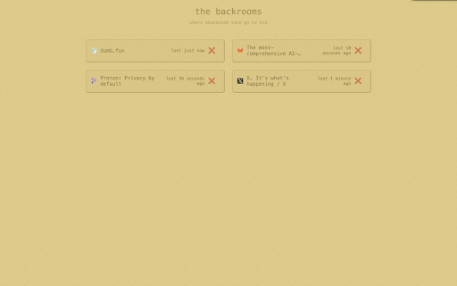 Backrooms Tab Manager :: Your abandoned tabs vanish into the backrooms. They're still there, somewhere, in the endless hallways...