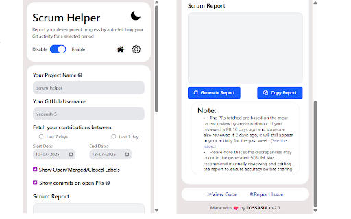 Scrum Helper :: This extension simplifies writing development reports by auto-filling content based on your Git activity.