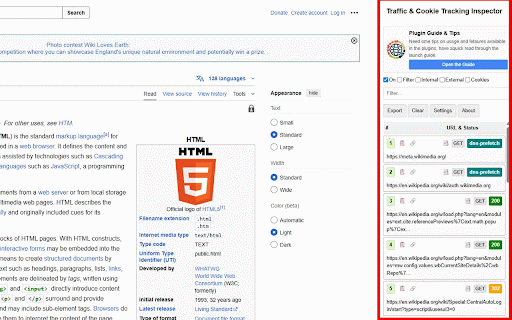 Traffic & Cookie Tracking Inspector :: Logs HTTP requests in a sidebar with cookie tracking, filtering, and export functionality.