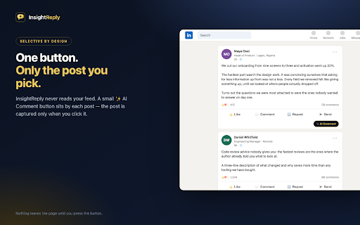 InsightReply — AI Comment & Reply Assistant :: Draft thoughtful LinkedIn comments and replies from selected conversations. Review, edit, and post every suggestion yourself.