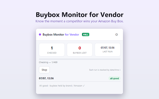 Buybox Monitor for Vendor (by Epinium) :: Alerts when a competitor wins the Amazon buybox on your products.