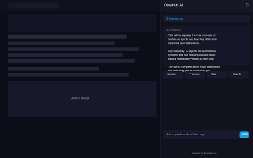 ClawHub AI — Smart Sidebar :: AI-powered sidebar that summarizes, explains, translates, and answers questions about any webpage.