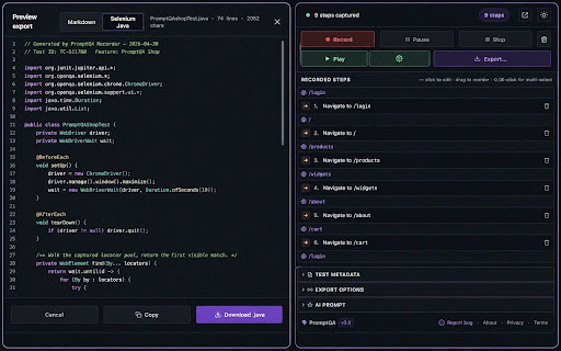 PromptQA Recorder :: Record browser flows · inspect elements with the locator picker · AI test authoring · export Playwright, Cypress or Selenium