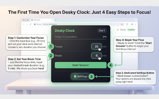 Desky Clock :: Smart Pomodoro timer with break reminders, meeting detection, and wellness tips.