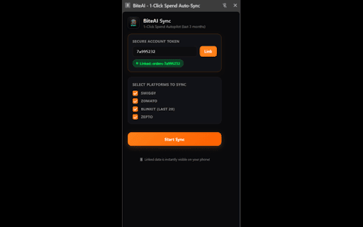 BiteAI - 1-Click Spend Auto-Sync :: Automatically syncs your food delivery and quick-commerce spend (Swiggy, Zomato, Blinkit, Zepto) silently in the background.