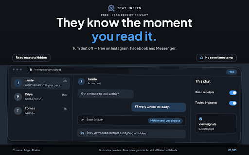 Stay Unseen: Hide Seen, Read Receipts & Downloader :: Control read receipts, typing indicators and story views on supported sites. Pro adds media downloads and focus tools.