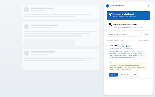 LinkedIn Co-Pilot :: Draft thoughtful LinkedIn comments in your voice. Works with Gemini, OpenAI, Claude, OpenRouter. Drafts only — never posts.