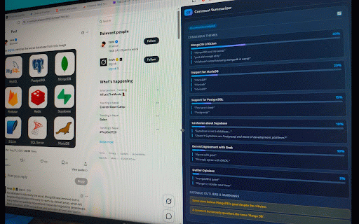 Comment Summarizer :: Summarizes social media comment sections on X, Instagram, Facebook, and LinkedIn into key consensus themes using AI.