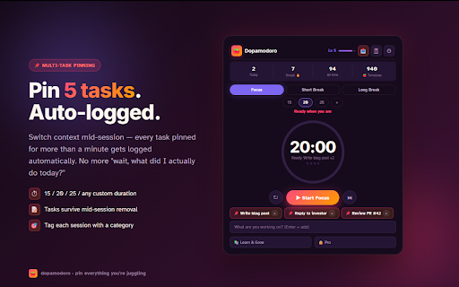 Dopamodoro - ADHD Pomodoro Timer & AI Focus Coach :: Pomodoro built for ADHD brains. Dopamine-positive focus sessions with an AI coach, session journal, streaks, and achievements.