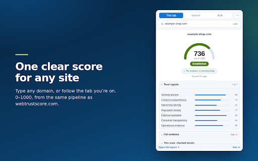 WebTrustScore™ — Site Trust Check :: Know before you trust. One clear 0–1000 trust score for any website, with the evidence behind it. Free, no account needed.