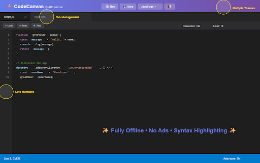 CodeCanvas :: Offline text & code editor with syntax highlighting, tabs, and file management by AIO.com.ai