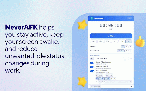 NeverAFK – Keep Awake, Prevent Idle & Stay Active :: Keep your screen awake, prevent Teams & Slack idle status, auto-stop timer, download guard & work schedule. Lightweight & private.