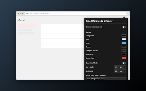 Gmail Dark Mode Enhancer :: Customizable dark mode for Gmail with scheduling and per-sender overrides.