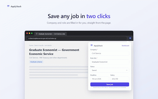 ApplyStack :: Privacy-first job page saver and application tracker. Local-only: no account, no backend, no tracking.