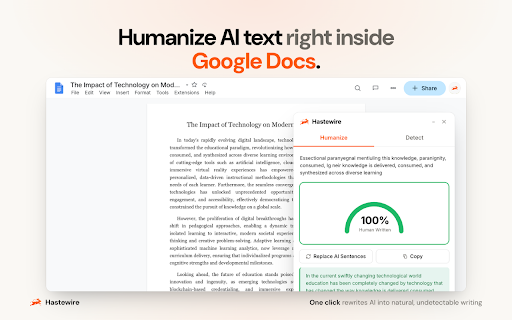 Hastewire: AI Humanizer & AI Detector :: Humanize AI text and detect AI content instantly on any webpage. Bypass AI detectors with one click. 7+ languages.