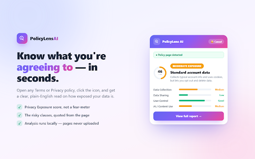 PolicyLens AI :: Understand any Terms or Privacy policy in plain English and see your privacy exposure before you agree. Page analysis runs locally.
