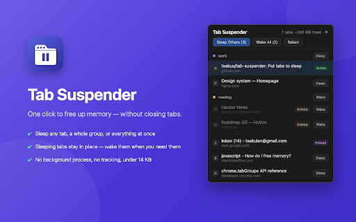 Tab Suspender :: Manually put tabs to sleep to free up memory without closing them.