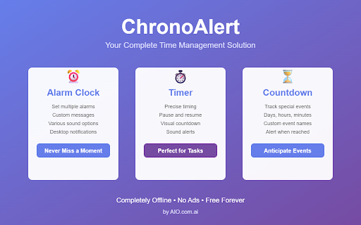 ChronoAlert :: Lightweight alarm clock, timer & countdown with sound alerts and desktop notifications by AIO.com.ai