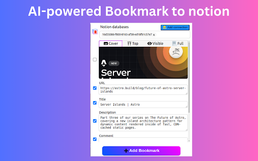 NotionMark - AI Bookmark to notion :: Bookmark tabs to notion with AI-generated properties e.g Summary, Categories, Description, Tags. Capture screenshot. Sync bookmarks