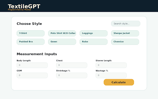 TextileGPT :: Style-based garment consumption, yarn count prediction, and costing tool for textile professionals. Programmed by Moinul.