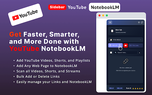 YouTube NotebookLM :: Use YouTube NotebookLM to import web links, Shorts, and playlists from YouTube to NotebookLM — one click to add, delete, and manage!