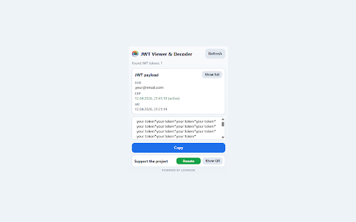 JWT Viewer & Decoder :: Finds, displays, decodes, and copies JWT tokens on the current page.