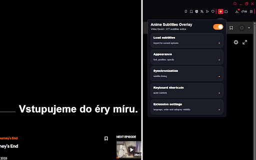 Anime Subtitles Overlay :: Display external subtitles on supported anime video pages with import, search, timing sync, styling, and validation.