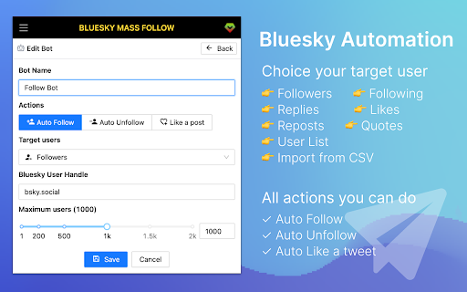 SkyFollow - Bluesky Mass Follow Tool :: Bluesky Automation, auto follow, auto unfollow, auto like tool.