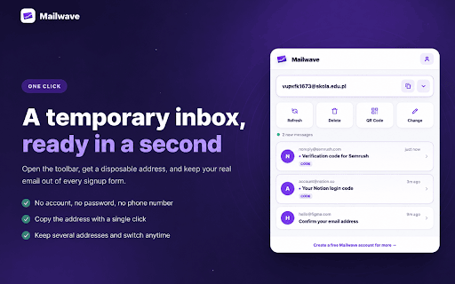 Mailwave – Temporary Email :: Generate a disposable temporary email address and get notified the instant a message arrives, right from your browser toolbar.