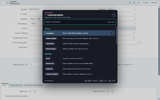 GlideLens :: A lens on ServiceNow forms, catalogs and code: code search, catalog debugging, translation inheritance, form tracing.