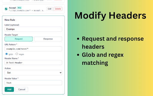 HeaderSnap :: Inspect and modify HTTP request headers per URL pattern. Clean ModHeader replacement.