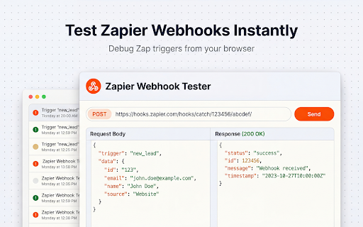 Zapier Webhook Tester - Debug & Test Zap Automation Triggers :: Test & debug Zapier webhook URLs and Zap triggers. Send HTTP requests, import cURL, inspect responses. Free Zapier tool.