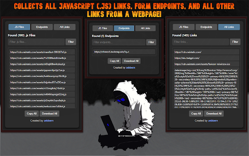 JSX - JavaScript Explorer :: Finds all JavaScript files, form endpoints, and links on the current webpage.