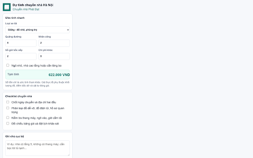 Phat Dat Moving Cost Planner :: Công cụ ước tính chi phí và checklist chuyển nhà Hà Nội, lưu cục bộ trên thiết bị.