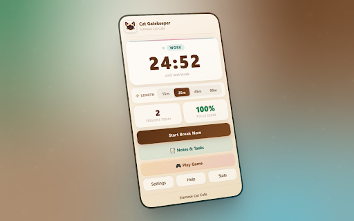 Cat Gatekeeper :: A Pomodoro productivity timer. A Siamese cat blocks distracting websites during your breaks so you actually rest.