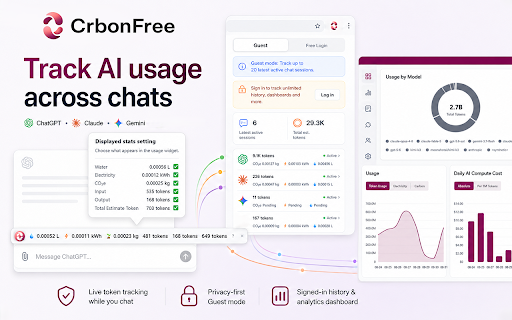 CrbonFree :: Track your AI usage and estimate the electricity, CO2e and water behind ChatGPT, Claude and Gemini.