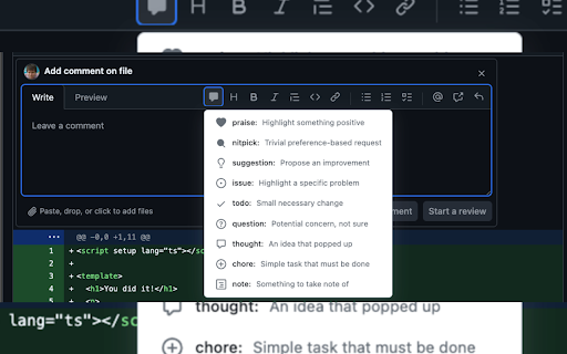 GitHub - Conventional Comments :: Adds a toolbar button to insert Conventional Comments labels (praise, suggestion, nitpick, etc.) in GitHub PR review textareas
